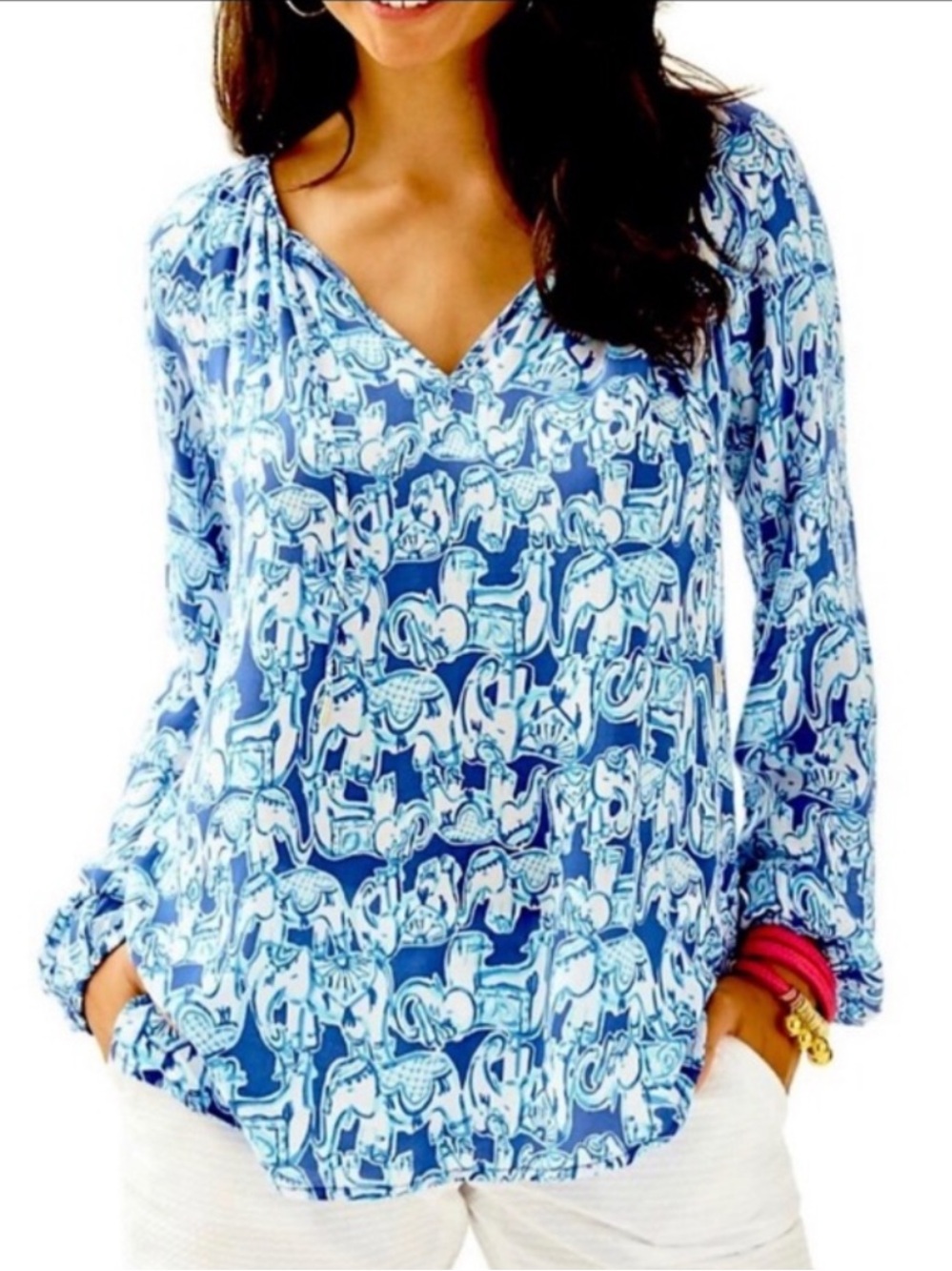 Lilly Pulitzer Willa Blouse Womens Sz Medium Blue Floral Print V Neck Tunic Top